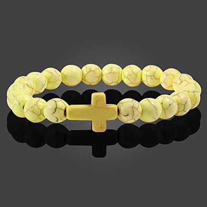 FORUBUS Lava Rock Stone Beaded Bracelet, Cross Charm Natural Volcanic Stone beads Turquoise Stretch Bracelet for Women Men Religion Jewelry Pray Baptism Gift - color: B 1pcs yellow