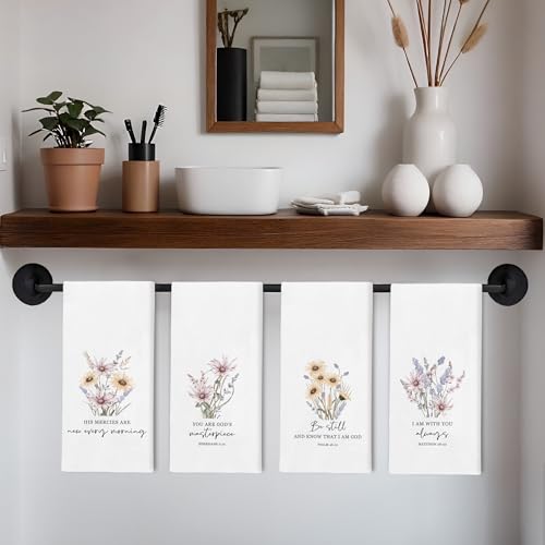 Spring Floral Kitchen Towels Set - Set of 4, Christian Bible Verse Gifts, Religious Kitchen Decor, Rustic Farmhouse Inspirational Spring Dishcloth for Bathroom Kitchen Decor, 16x24
