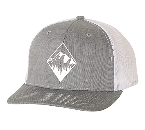 Trenz Shirt Company Men's Retro Geometric Diamond Mountain Outdoors Woodland Embroidered Mesh Back Trucker Hat - color: Heather Grey/White