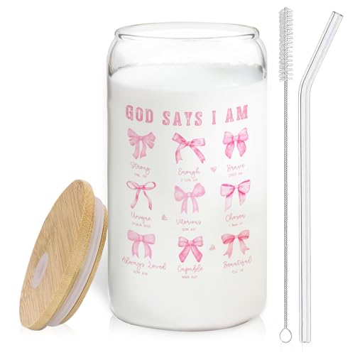 Coquette Pink Bow Christian Glass Cup with Lids and Straws 14oz, Christian Gifts for Women, God Says I am Bible Verse Glass Iced Coffee Tumbler Drinking Jars with Cleaning Brush - color: Pink Bow5