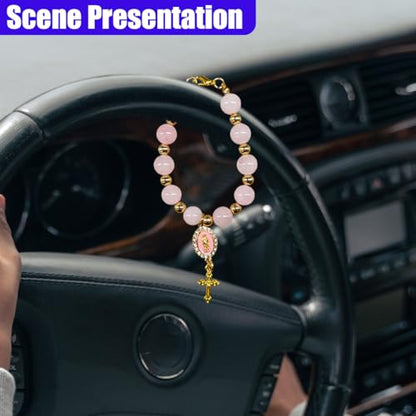 Rosary Car Steering Wheel Rosary Charm, Alloy Cross Religious Rear View Mirror Charm, Personalized Car Mirror Hanging Accessories for Most Cars (Pink) - size: Pink
