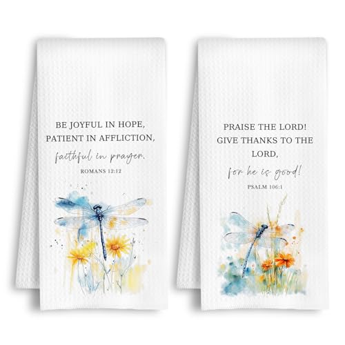Christian Dragonfly Floral Kitchen Towels, Bible Verse Gifts Dish Tea Towels, Religious Scripture Decorative Hand Towel for Bathroom Kitchen, 16x24 Inch Set of 2 - color: Lamentations 3:23 - Dragonfly Flower