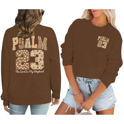 BeWithYou Christian Sweatshirts for Women Psalm 23 Sweatshirt Jesus Faith Long Sleeve Shirt Bible Verse Graphic Pullover Tops - color: Brown, size: X-Large