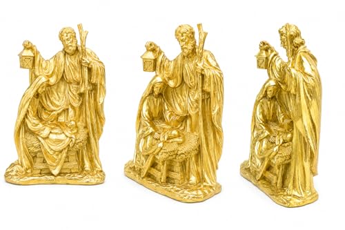 Holy Family Nativity Statue Resin Christmas Tabletop Decor Metallic Gold Religious Figurine for Mantel Shelf Centerpiece Christian Home Decorations 12" x 9"