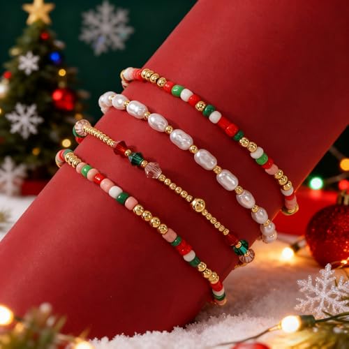 Gold Beaded Bracelets Stack for Women Stackable 14K Gold Plated Beads Ball Cross Bracelet Boho Christian Jewelry Faith Friendship Birthday Gifts for Women - color: Red Green White