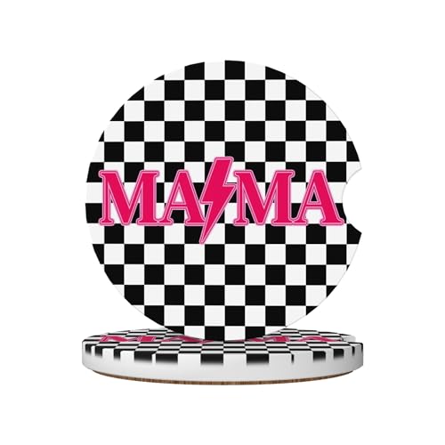 Mama Checkered Pink Car Cup Holder Coasters 2 Pack 2.63" for Women - color: White