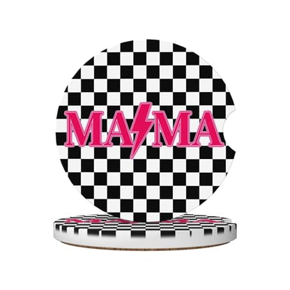 Mama Checkered Pink Car Cup Holder Coasters 2 Pack 2.63" for Women - color: White