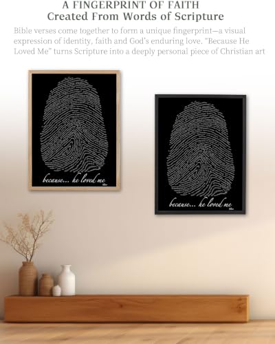 iHery 12x16in Because He Loved Me Fingerprint Bible Verse Framed Wall Art - color: Black Frame Black Art, size: 16"L x 12"W