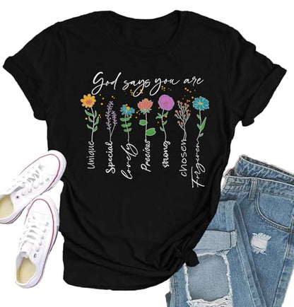 Womens Christian Shirt Bible Verse T-Shirt Religious Gifts Florial Tee Tops - color: Black, size: Medium
