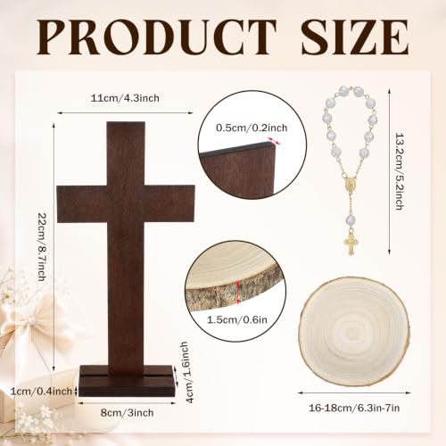 Novabright 6 Sets Baptism Centerpieces Table Decorations First Communion Wooden Cross Ornament Set with Mini Rosary Beaded Wood Slices for Baptism Celebration Church Ceremony Party Decor Gift