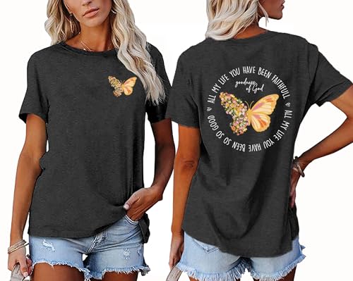 Christian Shirt for Women :Butterfly Graphic Shirts Bible Verse Tshirt Good Ness of God Tee Tops - color: Grey, size: Medium