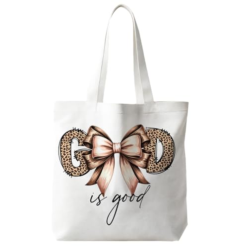 Coquette Bow Leopard Print Christian Canvas Tote Bag for Women, Cheetah Print God Is Good Bible Verse Reusable Shoulder Bag for Work Beach Travel and Shopping Grocery