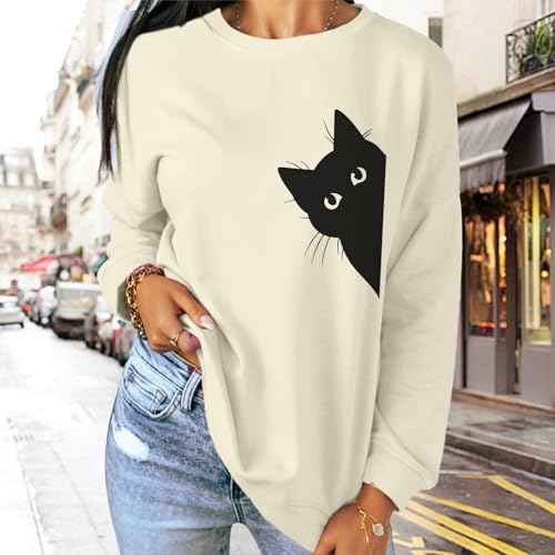 Cat Sweatshirts for Women Graphic Print Sweatshirt Funny Long Sleeve Shirt Cute Pullover Lightweight Hoodie Tops - color: Apricot, size: Small