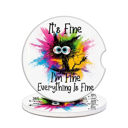 Cup Holders Car Coasters - I'm Fine Cat Absorbent Ceramic Coaster, Drink Cup Holder Coasters, Auto Accessories for Women & Men, Pack of 2 - color: I'm Fine It's Fine