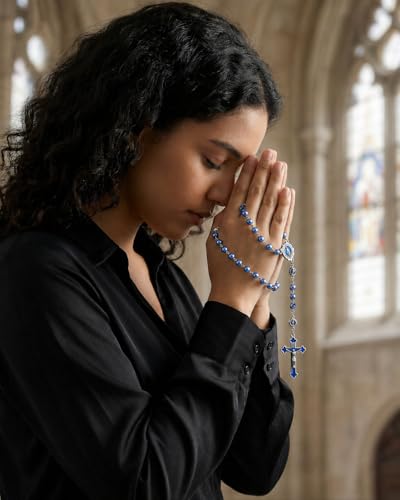 Catholic Rosary Necklace, Solid Glass Beads, Prayer Guide Included, Faith Gift for Women - color: blue