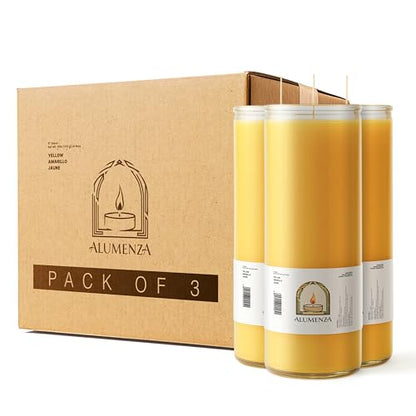 3pk Yellow Amarillo 90hr | 7-Day Prayer Candles - Glass Jar Veladoras, Unscented Paraffin Wax | Success, Luck & Confidence Novena - Catholic Hispanic Church Altar, Memorial Vigil & Prosperity - color: Yellow