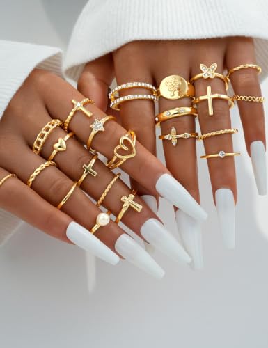 Gold Stackable Rings Set for Women, Gold Plated Chunky Crystal Finger Rings - color: Gold Heart