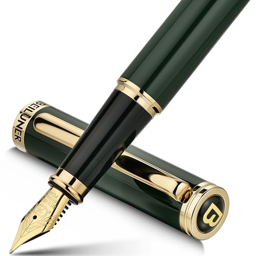BEILUNER Racing Green Fountain Pen,Stunning Luxury Pens with 24K Gold Finish, Gorgeous 24K Gilded Nib(Medium), Fancy Pen Gift for Men&Women -Ink Converter-Christmas, Office,Fancy,Nice Pen for Writing - color: Green and Gold Finish, style: Medium Nib