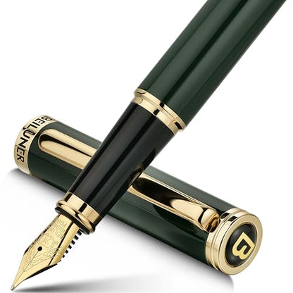 BEILUNER Racing Green Fountain Pen,Stunning Luxury Pens with 24K Gold Finish, Gorgeous 24K Gilded Nib(Medium), Fancy Pen Gift for Men&Women -Ink Converter-Christmas, Office,Fancy,Nice Pen for Writing - color: Green and Gold Finish, style: Medium Nib