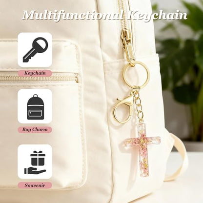 Angyape Cute Christian Cross Keychain for Women Purse Bag Charms Car Key Rings Accessories Flower Design Jesus Faith Gifts - color: A: Pink Keychain