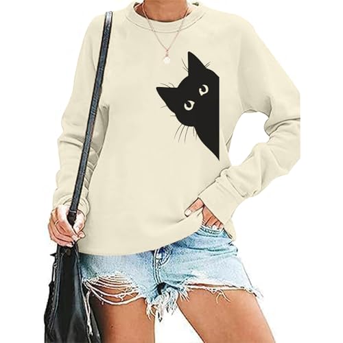 Cat Sweatshirts for Women Graphic Print Sweatshirt Funny Long Sleeve Shirt Cute Pullover Lightweight Hoodie Tops - color: Apricot, size: Large