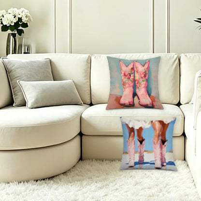Pink Coastal Cowgirl Boot Throw Pillow Covers 18x18 Set of 2 - color: Colour -CC
