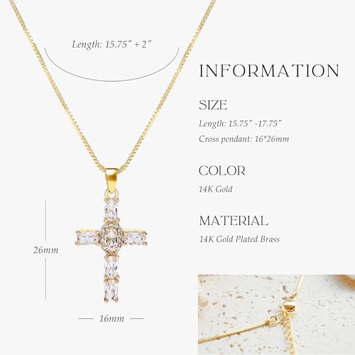 Gold Cross Necklace for Women, 14K Gold Plated - style: big white zircon