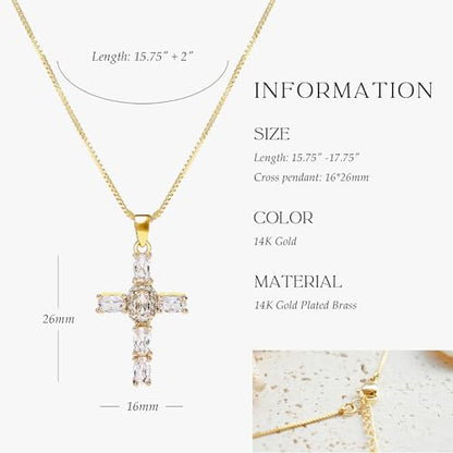 Gold Cross Necklace for Women, 14K Gold Plated - style: big white zircon