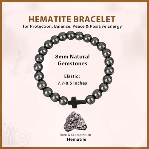 Gifts for Men Bracelets Triple Protection Cross Bracelet 8mm Black Obsidian Hematite Tiger Eye Beaded Natural Stone Bracelets Birthday Jewelry Gifts Cross Christian Gift for Him Husband Son - color: 3--Hematite