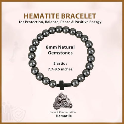 Gifts for Men Bracelets Triple Protection Cross Bracelet 8mm Black Obsidian Hematite Tiger Eye Beaded Natural Stone Bracelets Birthday Jewelry Gifts Cross Christian Gift for Him Husband Son - color: 3--Hematite