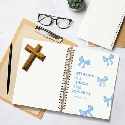 Preppy Blue Bow Christian Notebook Journal School Supplies for Women - color: Matthew 19:26 - Blue