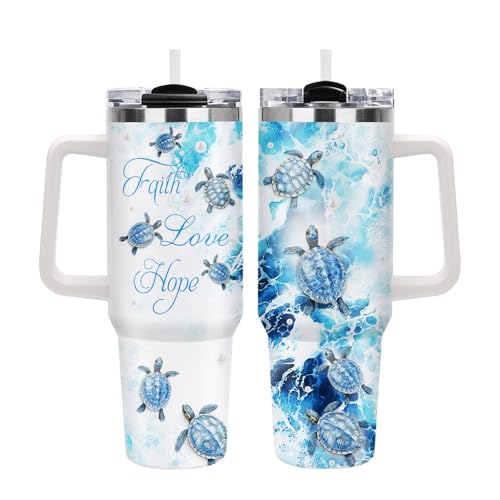 Christian Gifts for Women, 40oz Sea Turtle Tumbler with Straw Handle, Religion Faith Love Hope Stainless Steel Insulated Travel Mug Beverage Cups Present for Get Well Soon Birthday Spiritual Comfort - color: Sea Turtle-D-505-X