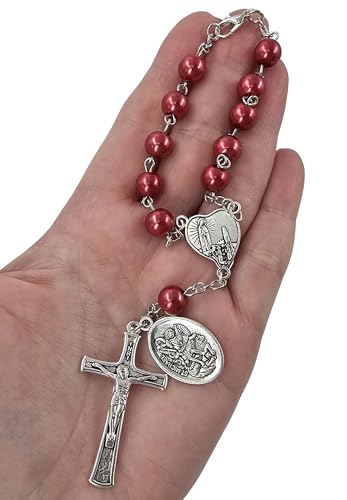 TALISMAN4U St. Michael Guardian Angel Medal Rosary for Car Rearview Mirror - color: Red Rosary Beads