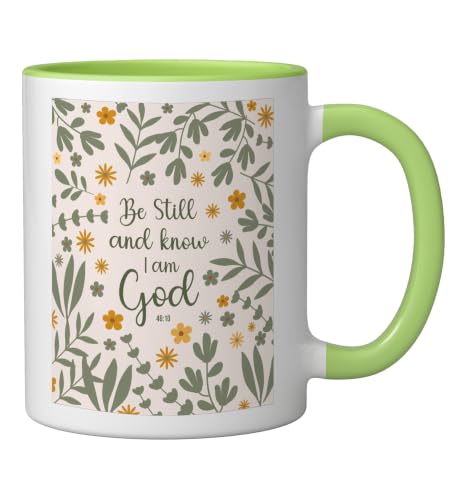 Be Still & Know That I Am God Psalm Bible Verse Floral Women Ceramic Mug, Light Green/White, 11oz - color: Light Green/White, size: 11 Ounces