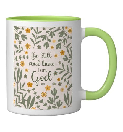 Be Still & Know That I Am God Psalm Bible Verse Floral Women Ceramic Mug, Light Green/White, 11oz - color: Light Green/White, size: 11 Ounces