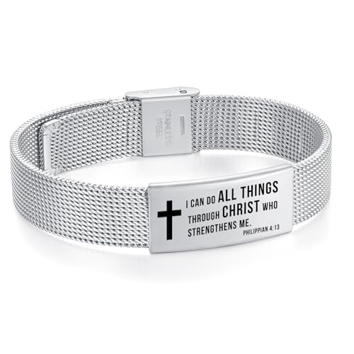 Bible Verse Bracelet-Stainless Steel Scripture Quotes Inspirational Bracelet Faith Christian Bracelet for Women, Christmas gift for women - color: Mesh-Silver