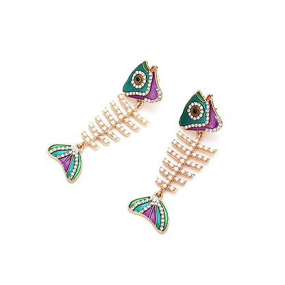 Fish Bone Earrings Drip Oil Animal Earrings Colorful Crystal Sparkly Enamel Earrings Creative Long Fishbone Earstud Dangle Fish Drop Earrings Jewelry for Women - color: Pearl