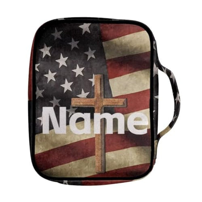 Coldinair Custom Name Bible Cover for Men Women,Cross American Flag Church Bible Protective Book Case with Pen Slot Handle & Zippered Pocket Travel Christian Bible Accessories,Add Your Name - color: Add Your Name,cross American Flag