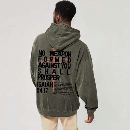 Christian Hoodies Men Jesus No Weapon Formed Against You Sweatshirts Faith God Oversized Acid Wash Graphic Pullover - color: Green, size: Large