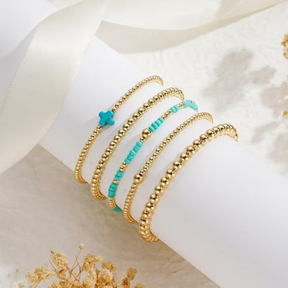 Turandoss 5PCS Gold Beaded Bracelets for Women Teen Girls, 14K Gold Plated - color: 5PCS Turquoise Cross Beaded Bracelets