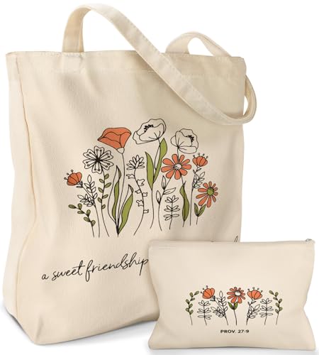 Miss Adola Aesthetic 2 Pack Canvas Tote Bag - with Makeup Zipper Pouch for Women Bag for Shopping, Gym, Travel, Vacation - color: Friendship Flower