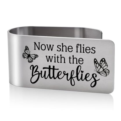 Now She Flies with Butterflies Visor Clip for Cars, Sympathy Gifts for Loved One, Thoughtful Bereavement Gifts for Loss of Mother Grandmother, Memorial Car Visor Clip for Men Women