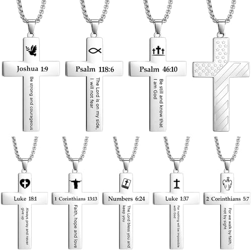 Ecally 8 Pcs Christian Cross Necklace for Men Father Religious Black Silver Stainless Steel Cross Church Gift USA Flag Chain - color: Silver