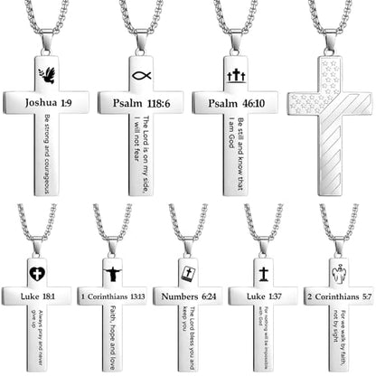 Ecally 8 Pcs Christian Cross Necklace for Men Father Religious Black Silver Stainless Steel Cross Church Gift USA Flag Chain - color: Silver