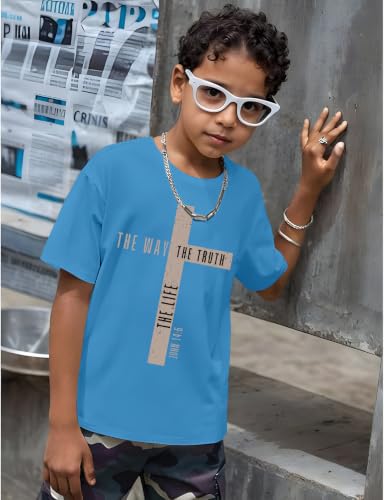 Christian Shirts for Boys Jesus Cross Casual Tops - color: Blue, size: 5-6 Years