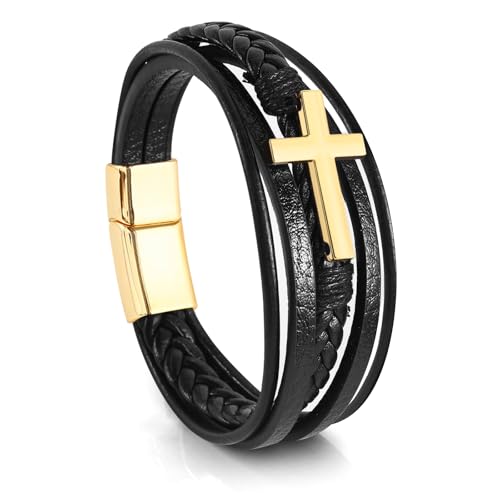 Leather Bracelet for Men Braided Stainless Steel Mens Bracelets - color: Black-GoldCross