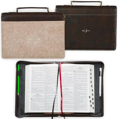 Christian Art Gifts Premium Faux Leather Inspirational Floral Bible Cover for Women: Everything Beautiful Encouraging Bible Verse, Easy Carry Zippered Case, Pen Loops, Pockets, Pink & Brown, Medium - size: Medium