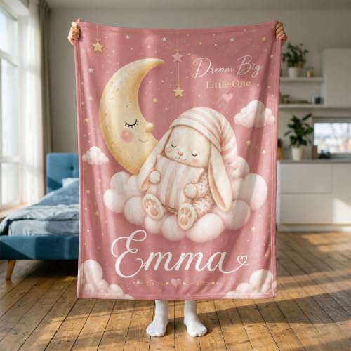 Personalized Baby Blanket With Name, Custom Baby Blankets Gift for Boy Girl - color: Blush Pink, size: Bunny