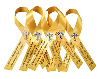 Personalized Memorial Service Funeral Ribbon Pins 20 Cross Religious Celebration of Life Custom Made Awareness Remembrance Anniversary Death Cross Sympathy Name Angel - color: Yellow