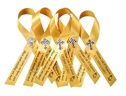 Personalized Memorial Service Funeral Ribbon Pins 20 Cross Religious Celebration of Life Custom Made Awareness Remembrance Anniversary Death Cross Sympathy Name Angel - color: Yellow